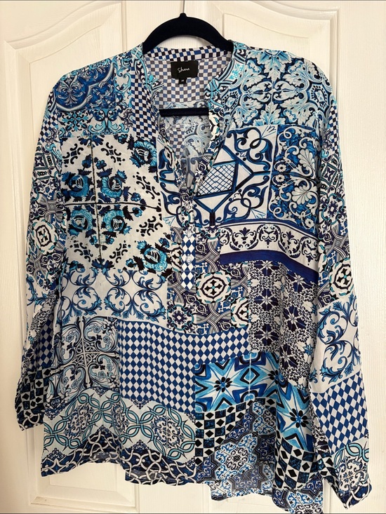 Shana Tops - Shana Blue & White Patchwork Button-Front Blouse